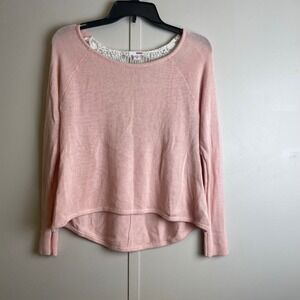 Bongo Womens Peach Pink Crochet Lace Back High Low Knit Sweater Size M